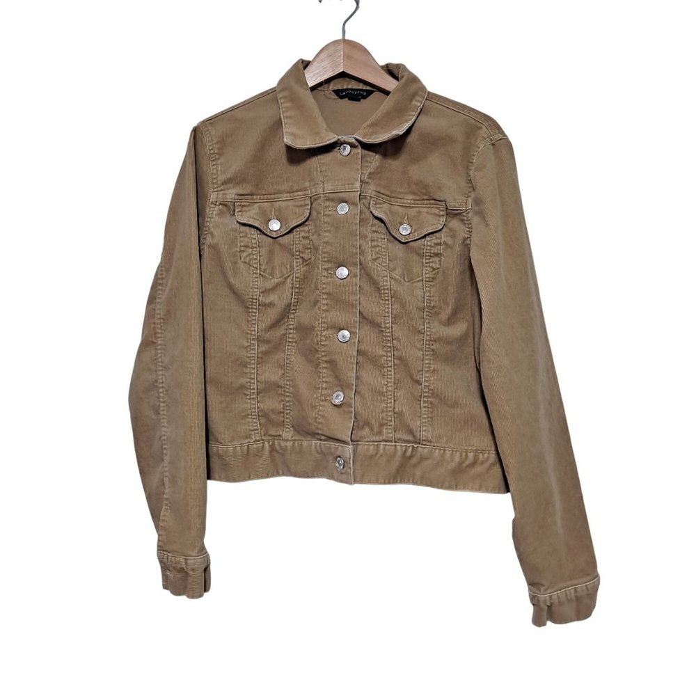 Land's End Corduroy Jacket Women Size Medium Tan Shacket 90 Y2K Collared Stretch